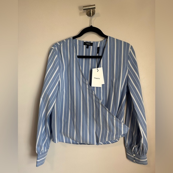 Theory Quincy Striped Faux Wrap Long-Sleeve Top - Blue & White Striped - Large - Picture 3 of 17